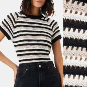 AMOUR VERT CROCHET SHORT SLEEVE SWEATER TOP BLACK CREAM TAN XL 14